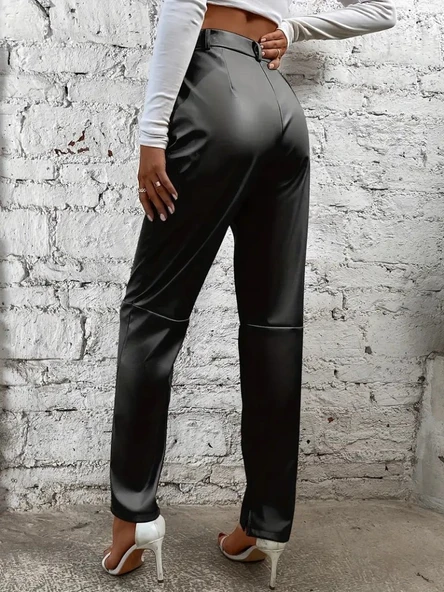 Kadın Yüksek Bel önden Düğmeli Deri Pantolon ürün görseli 1