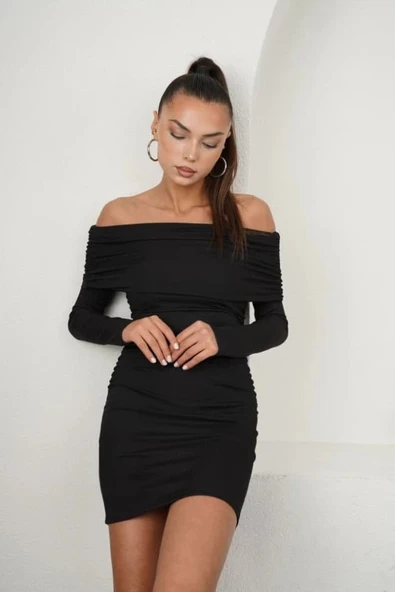 Kadın Madonna Mendil Yaka Fırsat ürün Büzgülü Mini Elbise ürün görseli 1