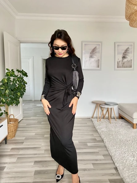 Kadın Uzun Kollu Bisiklet Yaka Belden çapraz Bağlamalı Yandan Yırtmaçlı Uzun Viskon Iki Iplik Elbise ürün görseli 1