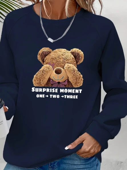 Kadın Uzun Kollu Bisiklet Yaka Ayıcık Desenli Viskon Iki Iplik Bluz - Resim 2