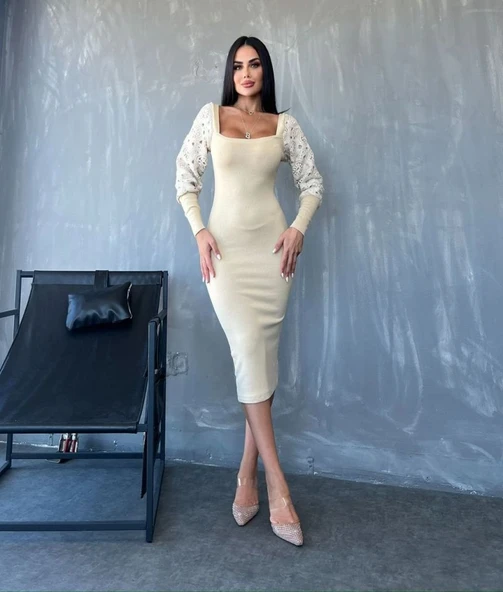 Kadın Kare Yaka Kolları Manşet Ve Tül Detay Fırsat ürün Midi Boy Elbise - Resim 2