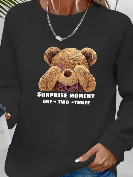 Kadın Uzun Kollu Bisiklet Yaka Ayıcık Desenli Viskon Iki Iplik Bluz - Resim 3