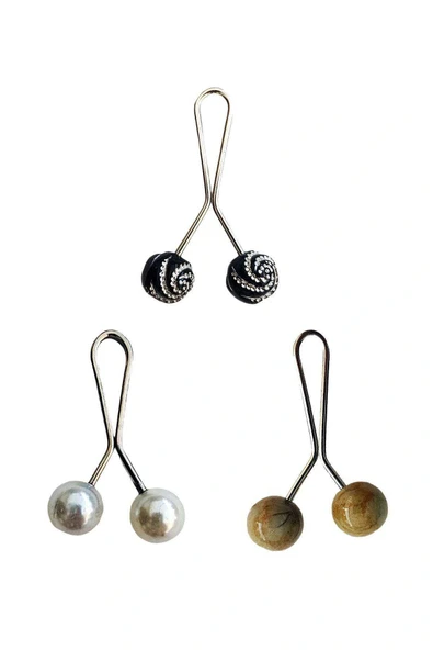 LitaeTrend 3 Adet Tesettür Eşarp ve Şal Klipsi İnci Beyaz Hardal Siyah Desenli ürün görseli 1