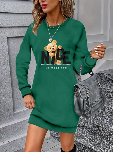 Kadın Uzun Kollu Bisiklet Yaka Ayı Desenli Viskon Iki Iplik Elbise - Resim 3