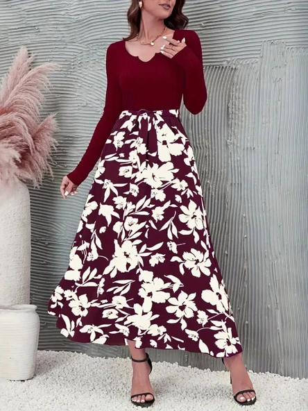 Kadın Uzun Kollu Yaka Açık üst Kaşkorse Beli Kuşaklı Alt çiçek Baskılı Dalgıç Elbise ürün görseli 1