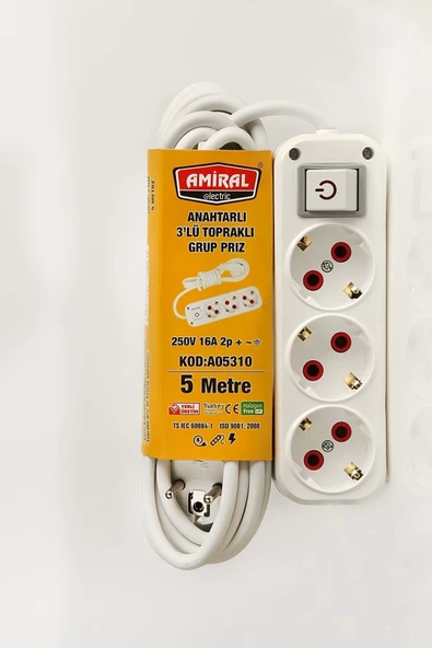 Amiral 3' Lü Topraklı Anahtarlı 5 Metre Kablolu Grup Priz ürün görseli 1