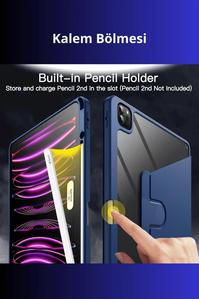 iPad Pro 11 inç 2025 M5 Çipli 360 Derece Dönebilen Standlı Pino iPad Tablet Kılıfı - Resim 10