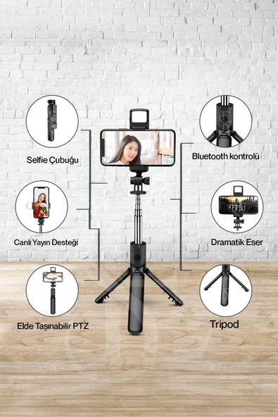 Led Işıklı Selfie Çubuğu Bluetooth Kumandalı Kablosuz Tripot Selfie Monopod Selfie Stick - Resim 7