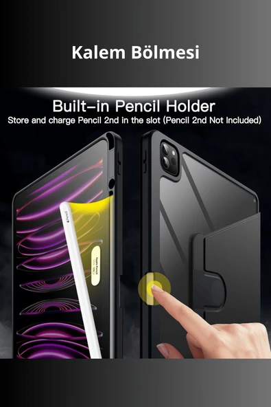 iPad Pro 11 inç 2025 M5 Çipli 360 Derece Dönebilen Standlı Pino iPad Tablet Kılıfı - Resim 4