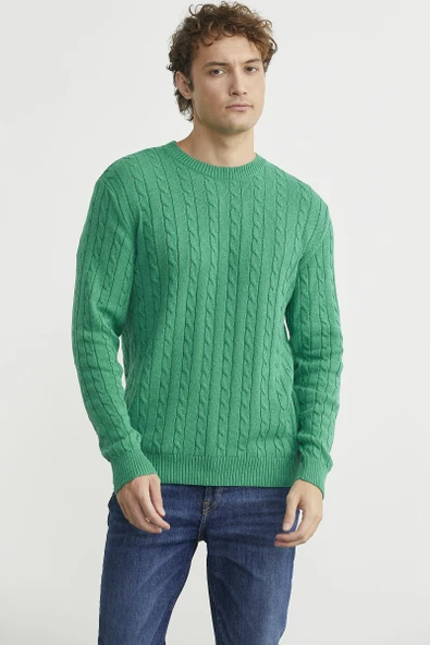 Pamuklu Saç Örgü Detaylı Triko Kazak - Yeşil - Resim 2