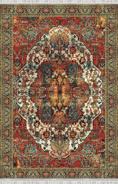 Kırmızı Yeşil Salon Halısı Klasik Medallion Dijital Baskılı Kaymaz Tabanlı Halı - Resim 4