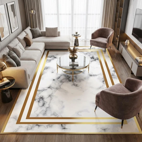 Beyaz Altın Mermer Desenli Halı Dijital Baskılı Kaymaz Tabanlı Salon Halısı - Resim 3