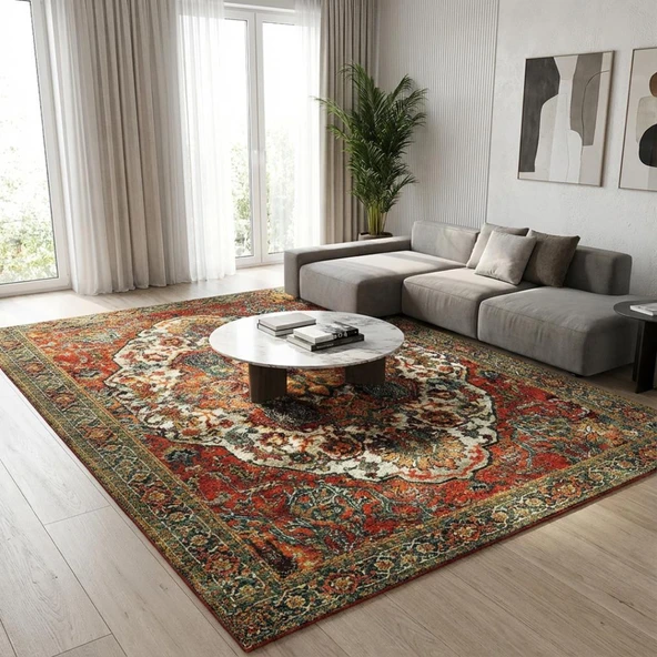 Kırmızı Yeşil Salon Halısı Klasik Medallion Dijital Baskılı Kaymaz Tabanlı Halı - Resim 2