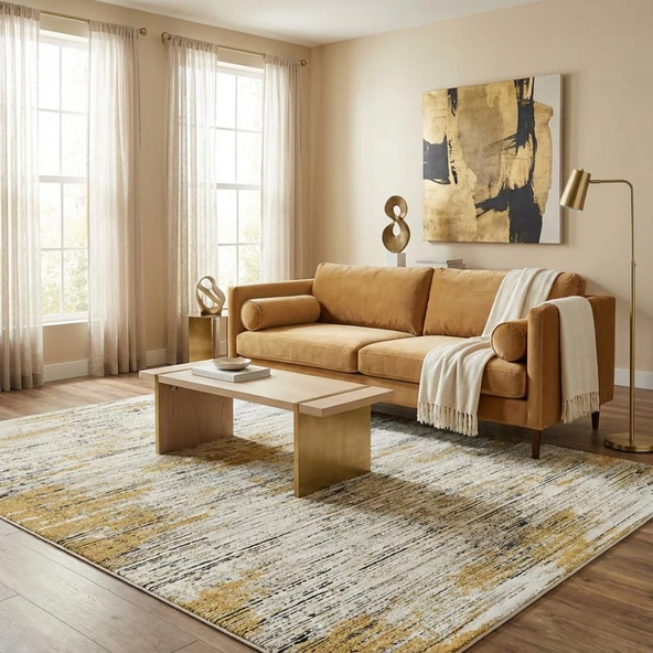 Krem Hardal Sarısı Salon Halısı Modern Dokulu Dijital Baskılı Kaymaz Tabanlı Halı - Resim 3