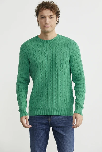 Pamuklu Saç Örgü Detaylı Triko Kazak - Yeşil ürün görseli 1