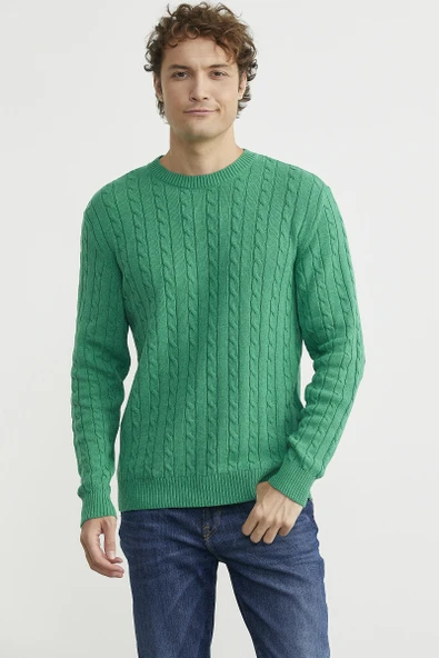 Pamuklu Saç Örgü Detaylı Triko Kazak - Yeşil - Resim 3