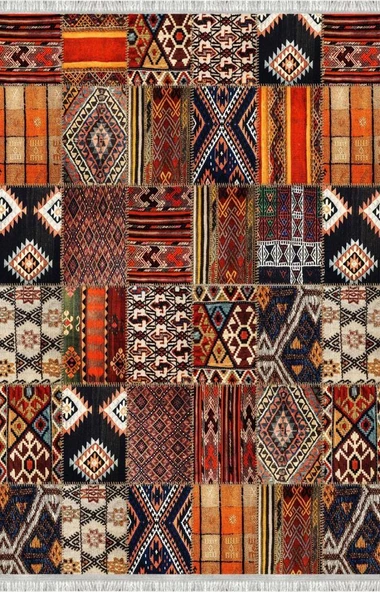 Turuncu Kahve Çok Renkli Salon Halısı Etnik Patchwork Dijital Baskılı Kaymaz Tabanlı Halı - Resim 4