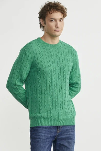 Pamuklu Saç Örgü Detaylı Triko Kazak - Yeşil - Resim 4