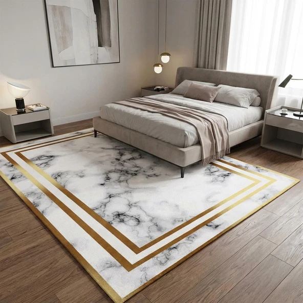 Beyaz Altın Mermer Desenli Halı Dijital Baskılı Kaymaz Tabanlı Salon Halısı - Resim 2