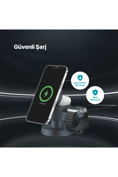 AirCharger Quattro Mini MagSafe Uyumlu 4’ü 1 Arada iPhone + Apple Watch + AirPods LED Aydınlatm - Resim 6
