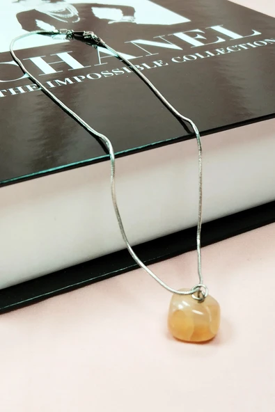 LitaeTrend Kalsit Doğal Taşı Zincirli El Yapımı Kolye Uç: 1,5 cm Zincir: 20 cm Kutulu - Resim 3