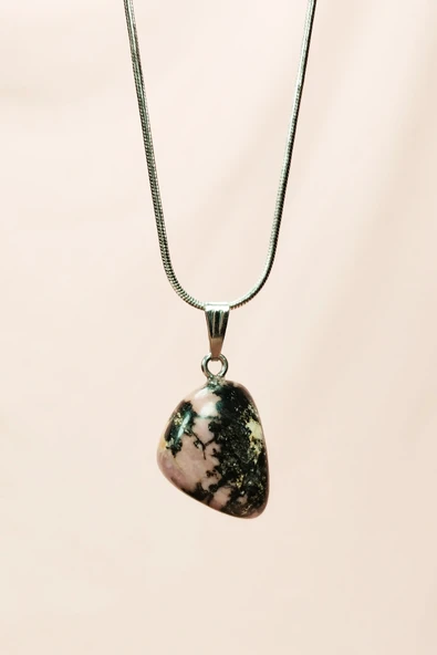 LitaeTrend Rodonit Doğal Taşı Zincirli El Yapımı Kolye Uç: 2 cm Zincir: 20 cm Kutulu - Resim 3