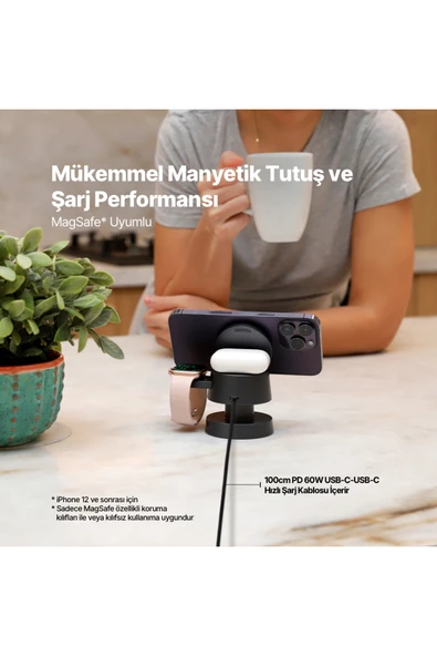 AirCharger Quattro Mini MagSafe Uyumlu 4’ü 1 Arada iPhone + Apple Watch + AirPods LED Aydınlatm - Resim 3