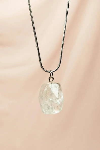 LitaeTrend Kuvars Doğal Taşı Zincirli El Yapımı Kolye Uç: 2 cm Zincir: 20 cm Kutulu - Resim 3