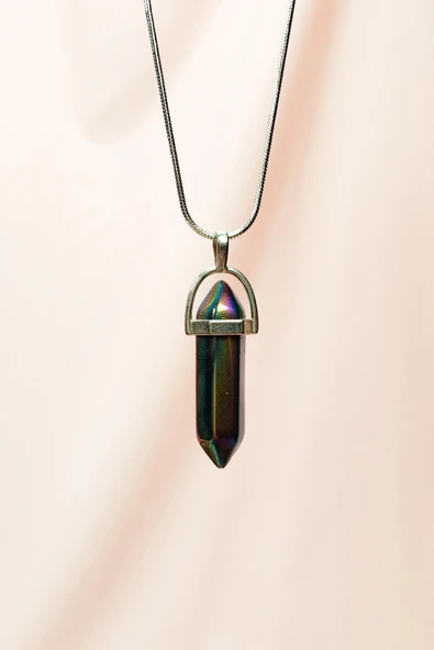 LitaeTrend Hematit Doğal Taşı Zincirli El Yapımı Tasarımlı Kolye Uç: 3,5 cm Zincir: 20 cm Kutulu ürün görseli 1