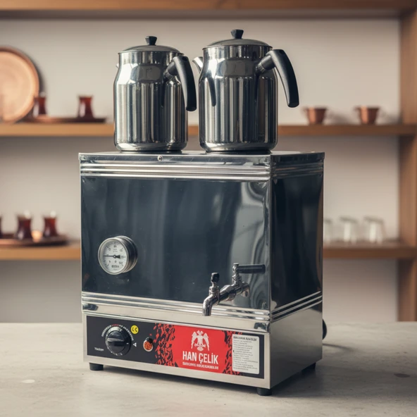 Han Çelik Çift Demlikli Endüstriyel Elektrikli Çay Kazanı - Sıcaklık Göstergeli - Demlik Hediyeli - Resim 5