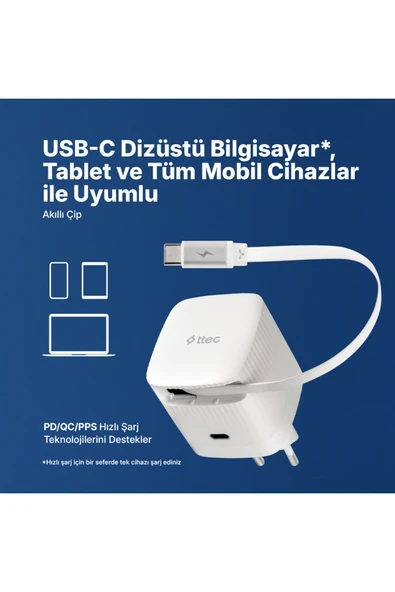 SmartCharger GAN 65W PD Seyahat Hızlı Şarj Aleti USB-C + Dahili PD 65W 70cm USB-C Şarj Kablosu - Resim 5