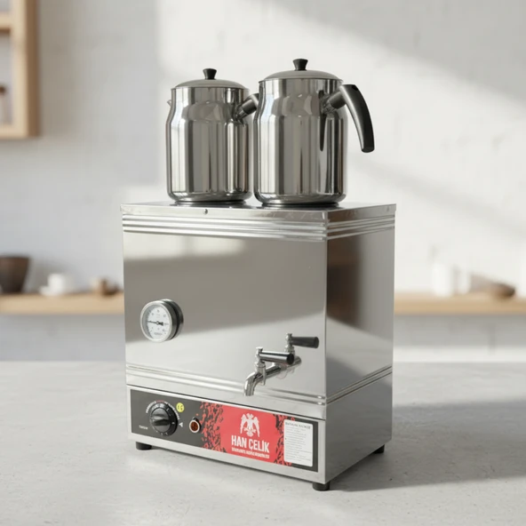 Han Çelik Çift Demlikli Endüstriyel Elektrikli Çay Kazanı - Sıcaklık Göstergeli - Demlik Hediyeli - Resim 3