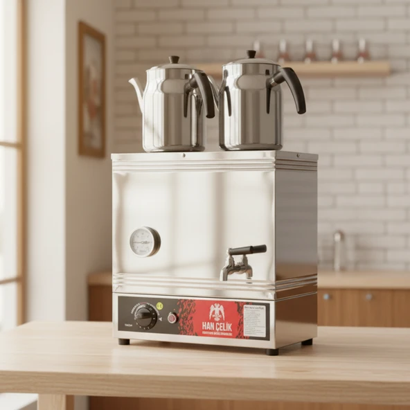 Han Çelik Çift Demlikli Endüstriyel Elektrikli Çay Kazanı - Sıcaklık Göstergeli - Demlik Hediyeli - Resim 4