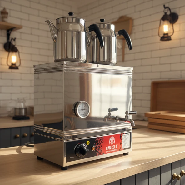 Han Çelik Çift Demlikli Endüstriyel Elektrikli Çay Kazanı - Sıcaklık Göstergeli - Demlik Hediyeli ürün görseli 1