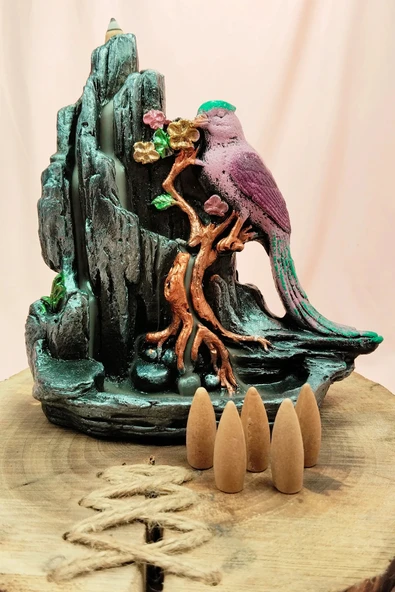 LitaeTrend Buyuk Boy Kuş Figürlü Biblo Model Geri Akış Şelale Tütsülük 5 Adet Koni Hediye ürün görseli 1