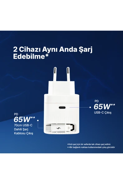 SmartCharger GAN 65W PD Seyahat Hızlı Şarj Aleti USB-C + Dahili PD 65W 70cm USB-C Şarj Kablosu - Resim 3