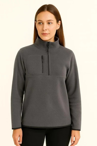 Kadın Polar Kazak – Dik Yaka, Yarım Fermuarlı, Fermuarlı Göğüs Cepli, Siyah Biyeli, Kışlık Rahat Regular Fit Günlük Mode - Resim 3