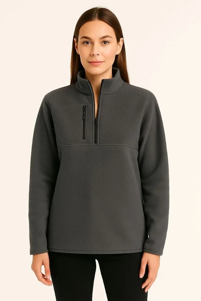 Kadın Polar Kazak – Dik Yaka, Yarım Fermuarlı, Fermuarlı Göğüs Cepli, Siyah Biyeli, Kışlık Rahat Regular Fit Günlük Mode ürün görseli 1