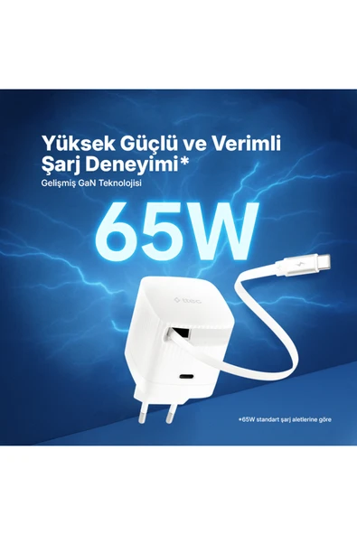 SmartCharger GAN 65W PD Seyahat Hızlı Şarj Aleti USB-C + Dahili PD 65W 70cm USB-C Şarj Kablosu - Resim 2