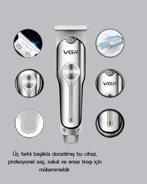 CEYLAN ADAM Gümüş Desenli Şarjlı Tıraş Makinesi – 120 Dakika Çalışma Süresi, 3 Başlıklı - Resim 6