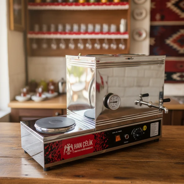 Han Çelik Çift Demlikli Pleytli Endüstriyel Elektrikli Çay Kazanı - Sıcaklık Göstergeli - Resim 3