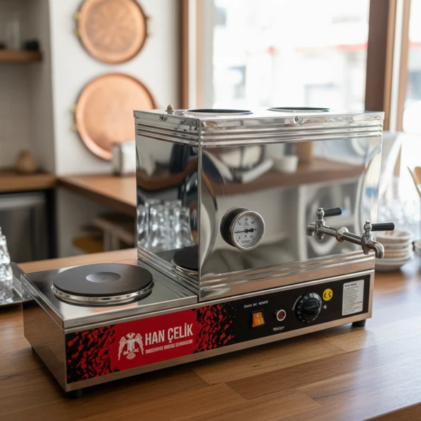 Han Çelik Çift Demlikli Pleytli Endüstriyel Elektrikli Çay Kazanı - Sıcaklık Göstergeli - Resim 2