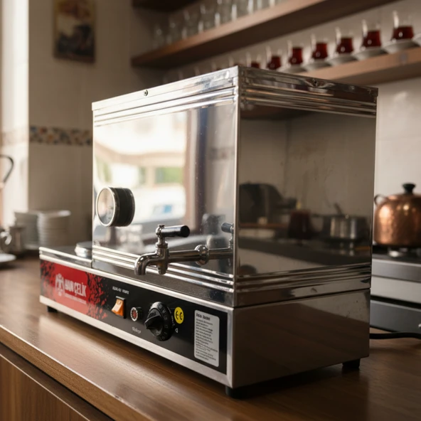 Han Çelik Çift Demlikli Pleytli Endüstriyel Elektrikli Çay Kazanı - Sıcaklık Göstergeli - Resim 4