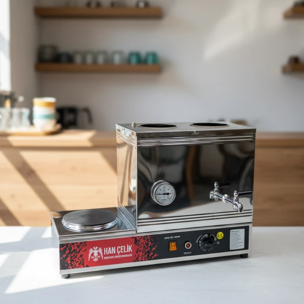 Han Çelik Çift Demlikli Pleytli Endüstriyel Elektrikli Çay Kazanı - Sıcaklık Göstergeli ürün görseli 1