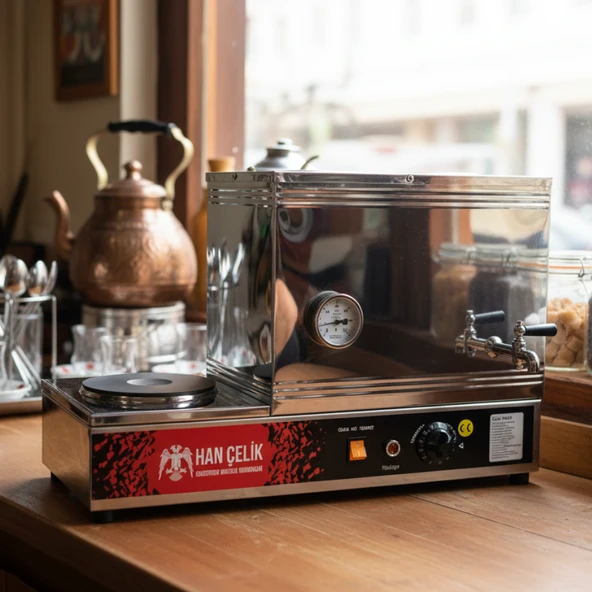 Han Çelik Çift Demlikli Pleytli Endüstriyel Elektrikli Çay Kazanı - Sıcaklık Göstergeli - Resim 5