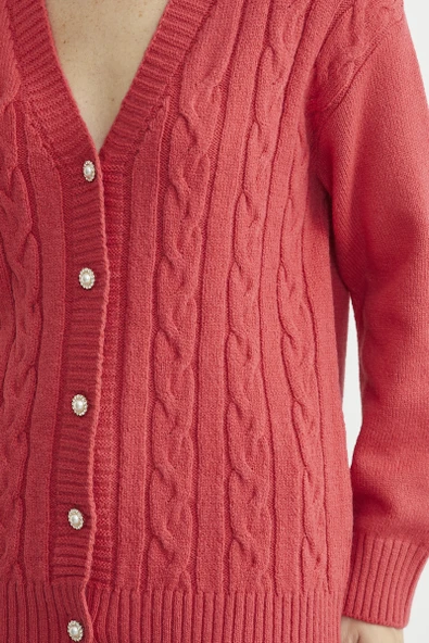 İnci Düğme Detaylı Triko Hırka - Gül - Resim 4