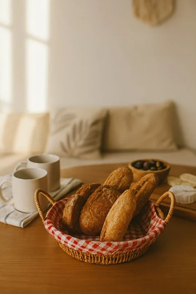 Yuvarlak Hasır Ekmek Sepeti Kırmızı Beyaz Kareli Kumaşlı Kahvaltı ve Sunum Sepeti - Resim 2