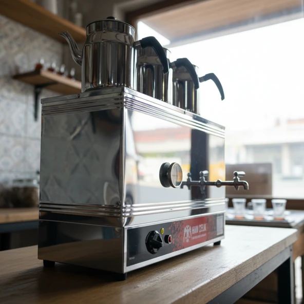 Han Çelik Üç Demlikli Endüstriyel Elektrikli Çay Kazanı - Sıcaklık Göstergeli - Demlik Hediyeli - Resim 3