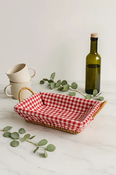 Hasır Ekmek Sepeti Kırmızı Beyaz Kareli Kumaşlı Dikdörtgen Dekoratif Kahvaltı Sepeti - Resim 4