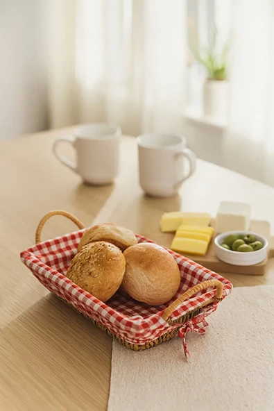 Hasır Ekmek Sepeti Kırmızı Beyaz Kareli Kumaşlı Dikdörtgen Dekoratif Kahvaltı Sepeti - Resim 2